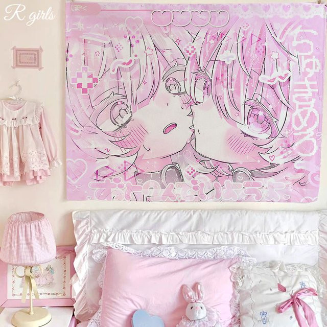 VIKAMA Kawaii Anime-Paar Wandteppich in Rosa, Y2K Ästhetischer Liebes-Kunstdruck als Wandbehang für dein Schlafzimmer und zur niedlichen Raumdekoration - Bild 1