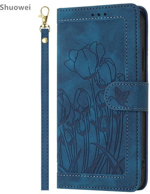 Samsung Galaxy S22 S23 S24 S25 Leder Klapphülle mit Kartenhalter in Blau - Bild 1