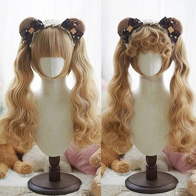 allaosify Synthetische Lolita-Perücke, lang, gewellt, 2 Pferdeschwänze, Damen - Bild 1
