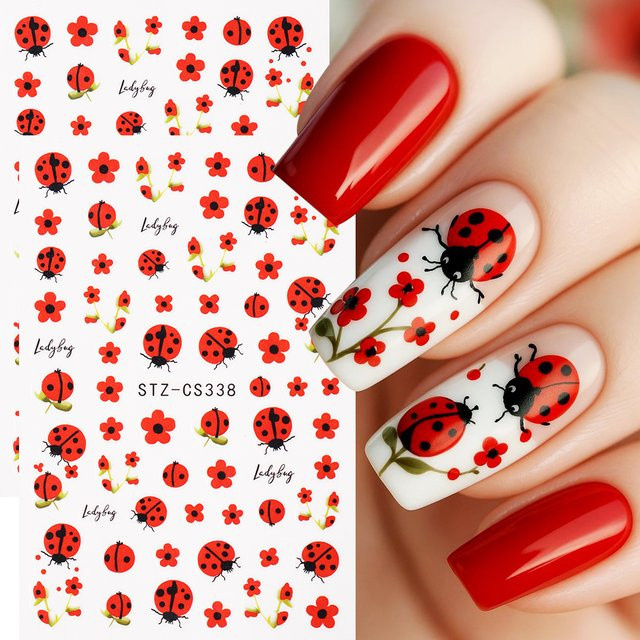 Full Beauty Nagelaufkleber Marienkäfer mit roter Blume, 2 Stück, glänzend - Bild 1