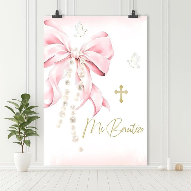 VIKAMA Party-Hintergrund für Taufe und Erstkommunion mit rosa Schleifen und Vögeln, Farbe: Pink, Breite: 60 cm, Höhe: 60 cm - Bild 1