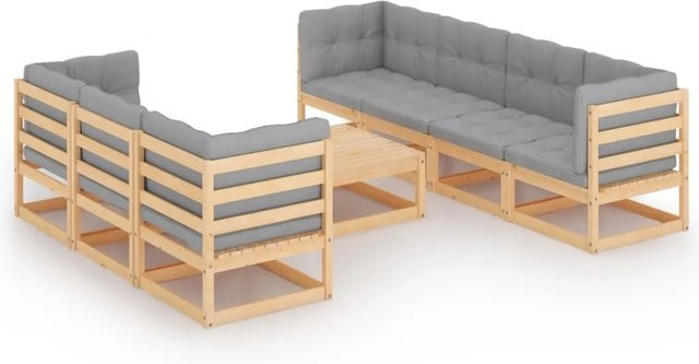 vidaXL 8-tlg Garten-Lounge-Set Modell 7 aus massivem Kiefernholz in U-Form mit grauen Polsterkissen - Bild 1