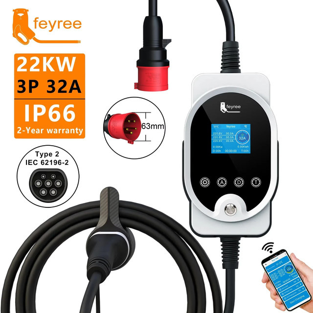 Feyree Tragbares EV Ladegerät Typ2 22KW 32A 3-Phasen Smart Schnellladestation mit Wi-Fi und App Steuerung in Weiß - Bild 1
