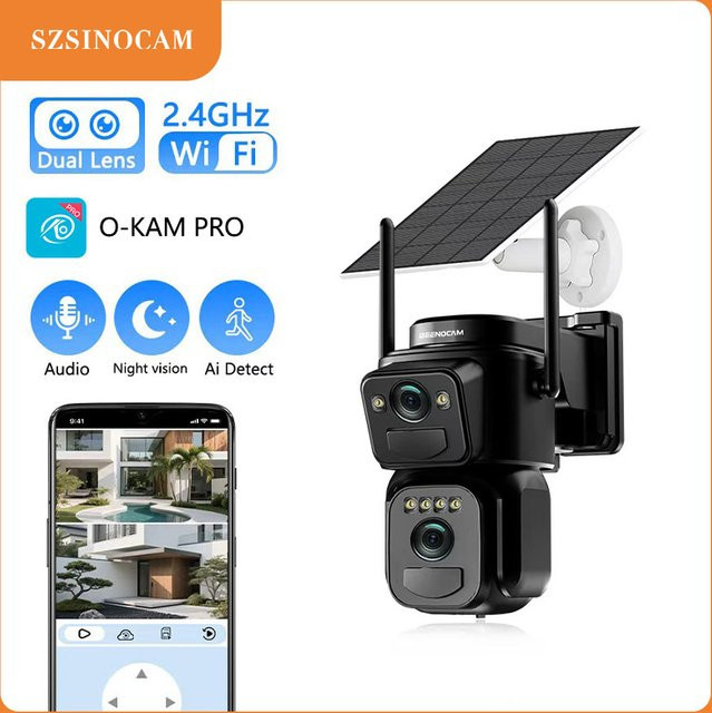 SZSINOCAM WLAN Dual-Objektiv Solarkamera für Außenbereich in Schwarz mit eingebauter Batterie und Solarpanel als drahtlose Überwachungskamera mit Alarm - Bild 1