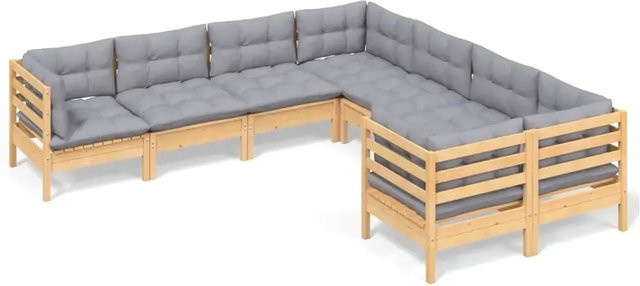 vidaXL 8-teiliges Garten-Lounge-Set aus massivem Kiefernholz in Braun-Grau mit grauen Polstern und Kissen in L-Form - Bild 1