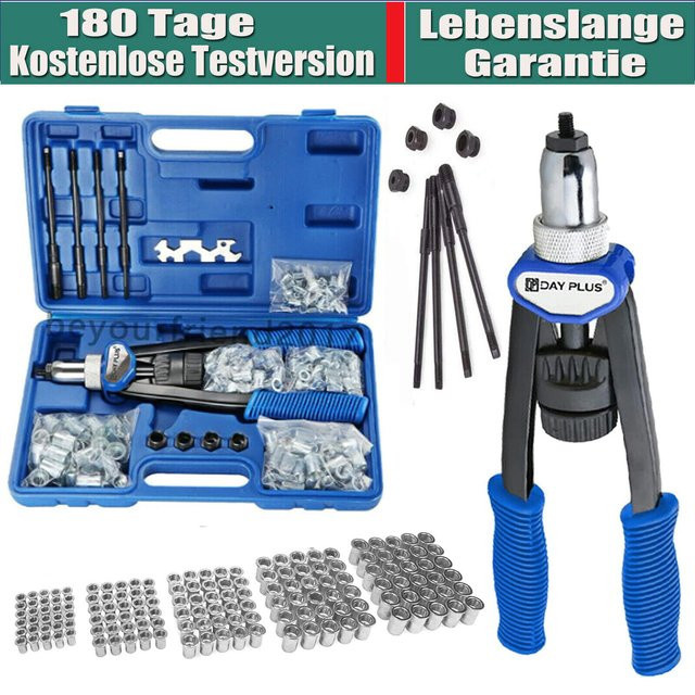 Dayplus Nietmuttern-Zangenset in Blau mit 150 Nietmuttern für M5 M6 M8 M10 M12 und Hochleistungs-Handnietpistole - Bild 1