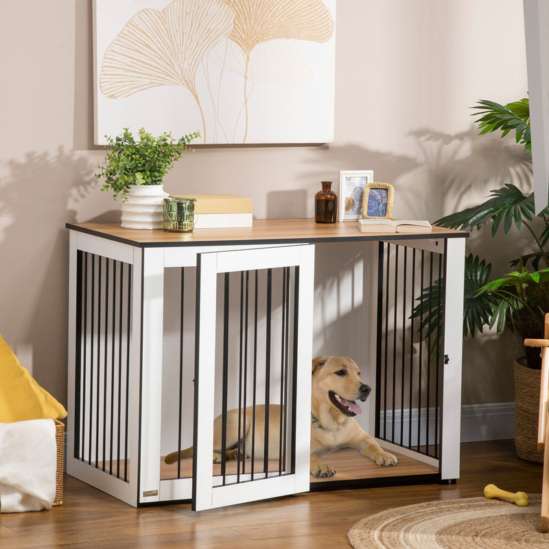 PawHut Hundebox für kleine und mittelgroße Hunde aus Spanplatte und Stahl, Farbe: Braun/Weiß, B/T/H: 106 x 60 x 76 cm - Bild 2