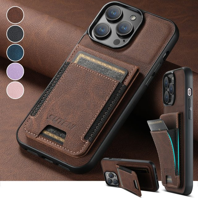 SUTENI Luxus Leder Handyhülle als Flip Wallet mit Magnet Kartenhalter und Kickstand für iPhone 11 bis iPhone 17 Pro Plus Max in Schwarz oder Braun - Bild 1