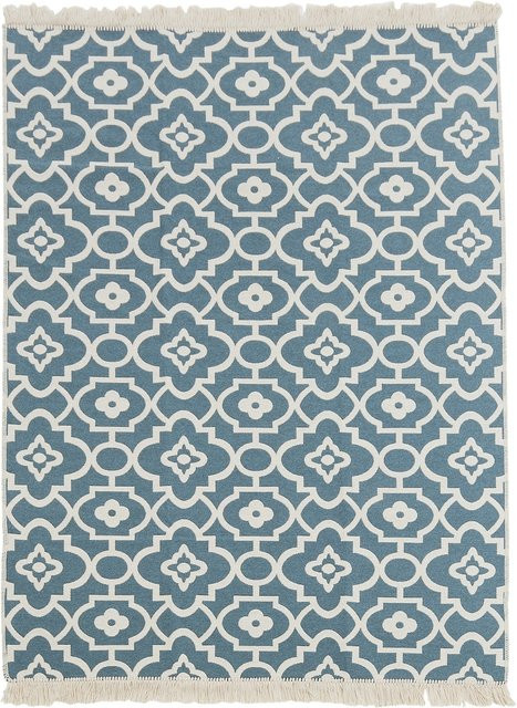 DONE Teppich Paris mit Fransen in Blau, rechteckig, Flachgewebe aus Baumwolle und Polyester mit geometrischem Muster - Bild 1