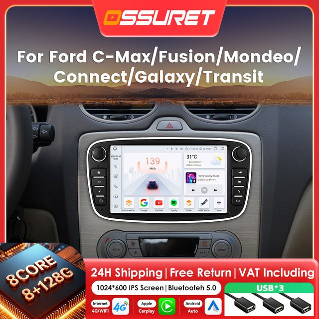 OSSURET 2DIN Android Autoradio mit GPS, 4G, WIFI und Carplay für Ford Focus 2008–2011, S/C-Max, Mondeo, Galaxy, Kuga, Transit Connect in Schwarz - Bild 1