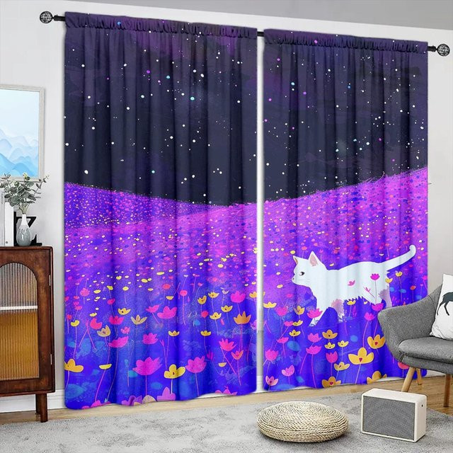 2er-Set halbtransparente Vorhänge mit Katzen- und Blumenmuster in Lila, moderne Fensterdekoration mit Stangentasche, Breite: 52,5 cm, Höhe: 116 cm - Bild 1