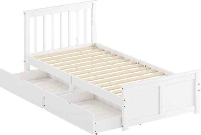 HOMCOM Einzelbett aus Kiefernholz mit Lattenrost und Schubladen zur Unterbettaufbewahrung, Weiß, B/T: 90 x 200 cm - Bild 1