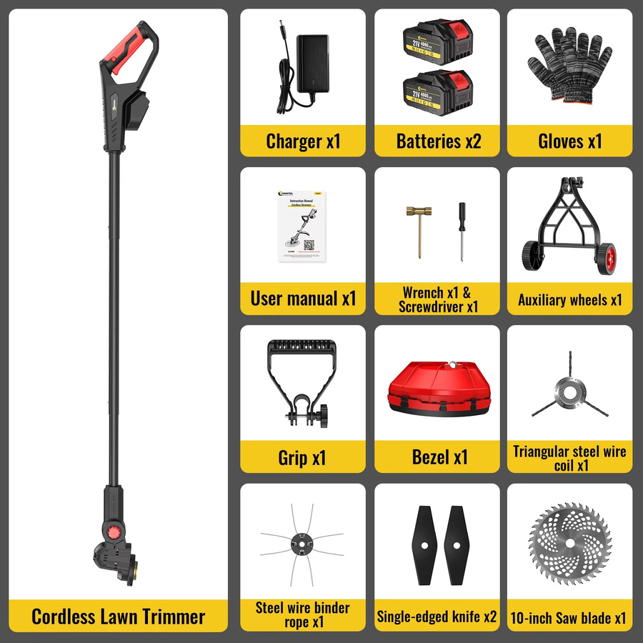 CONENTOOL Akku-Rasentrimmer 21V mit 2000W und 36000 U/min, bürstenloser Elektrorasenmäher in Rot mit 2x 4000mAh Akkus, 10 Zoll Schneidbreite, Stützrädern und mehreren Schneidklingen für Gras, Unkraut und Rasenkanten - Bild 5