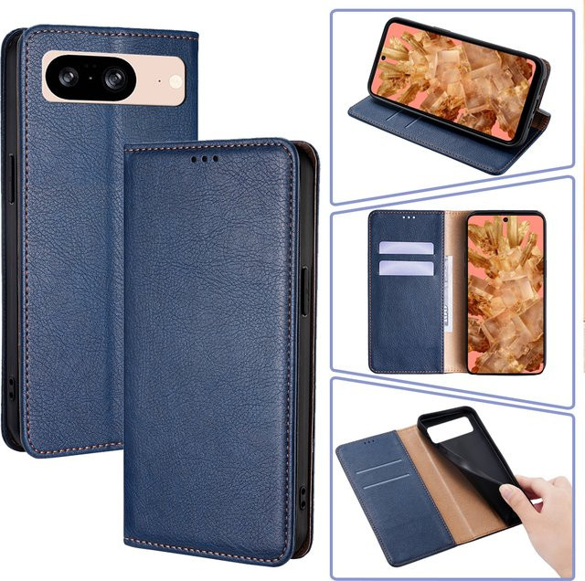 Leder-Brieftasche und Flip-Cover Handyhülle mit Kartenfächern für Google Pixel Modelle in Braun oder Blau - Bild 1