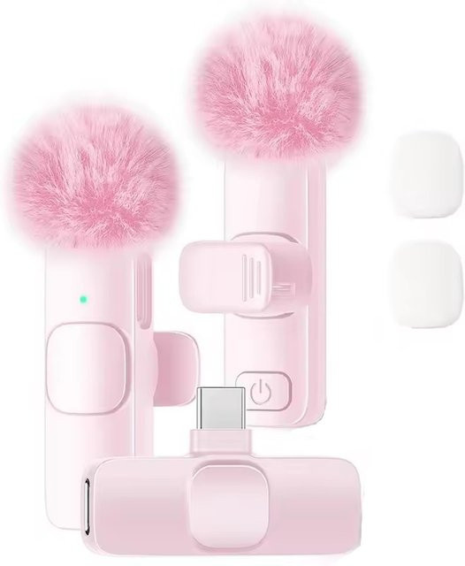 AyeBeau Dual-Funkmikrofon in Pink mit Lavalier-Ansteckmikrofon für iPhone, Android, Mobiltelefone und PC - Bild 1
