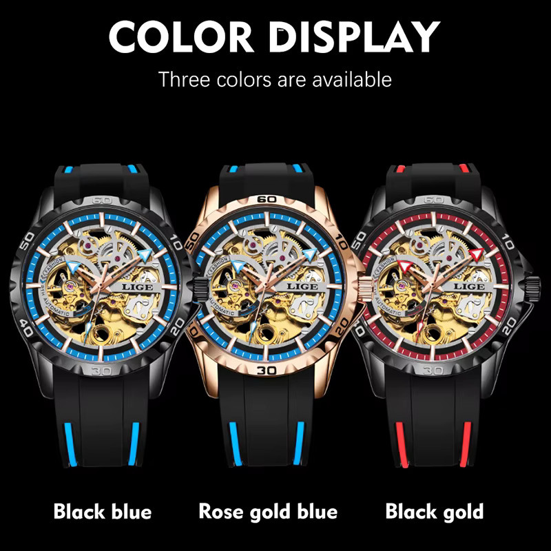 LIGE Armbanduhr Automatik, Silikon, Schwarz, Herren - Bild 6