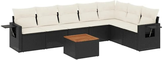 vidaXL 8-teilige Garten-Sofagarnitur in L-Form aus Polyrattan und Akazienholz mit Kissen in Schwarz und Cremeweiß - Bild 1
