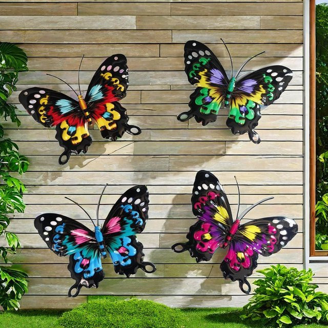 CH CACILLO Schmetterling Wandkunst aus Metall im 4er-Set, Mehrfarbige Dekoration für Garten und Zaun - Bild 1