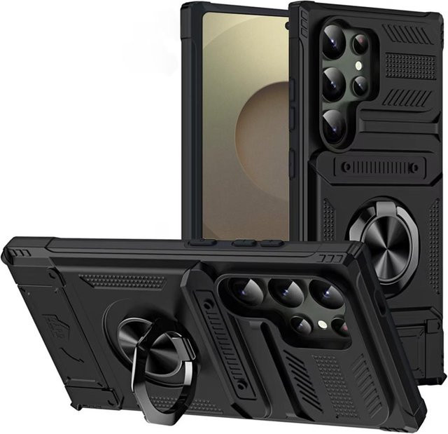 Militärische Schutzhülle mit Rüstungsdesign für Samsung Galaxy S25 Ultra S24 Plus S23 FE A55 A56, inklusive magnetischem Ringhalter und Kartensteckplatz, Farbe: Schwarz - Bild 1