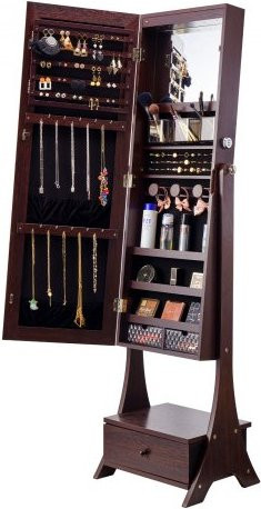 VEVOR Schmuckschrank mit Ganzkörperspiegel in Braun, abschließbarer Standspiegel mit LED-Innenbeleuchtung, Schubladen und Samtfutter - Bild 1