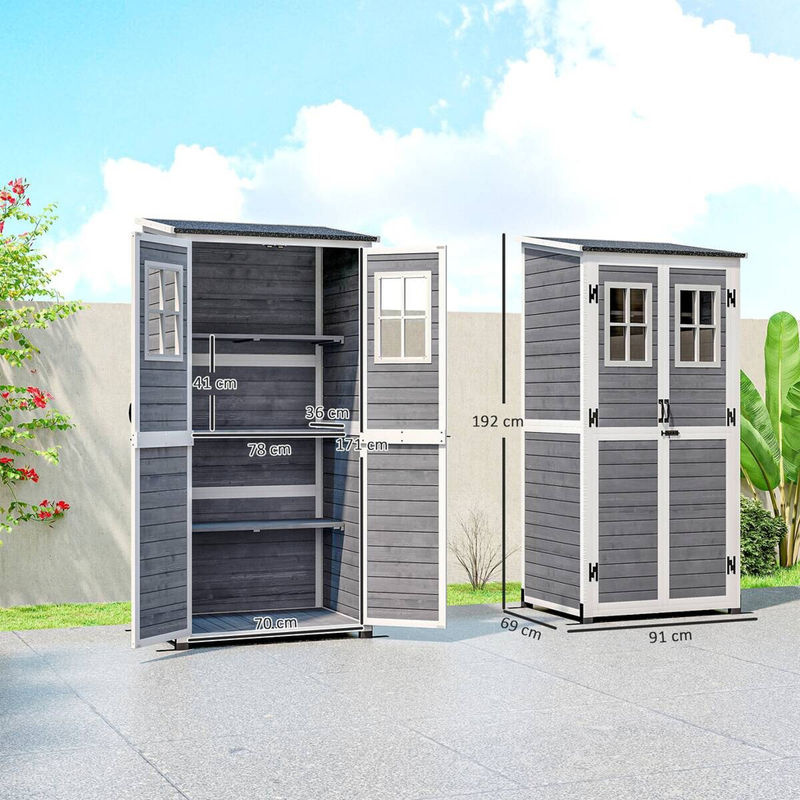 Outsunny Gartenschrank aus Tannenholz in Hellgrau mit abschließbarer Tür, Fenstern und Regalböden, B/T/H: 91 x 69 x 192 cm - Bild 4