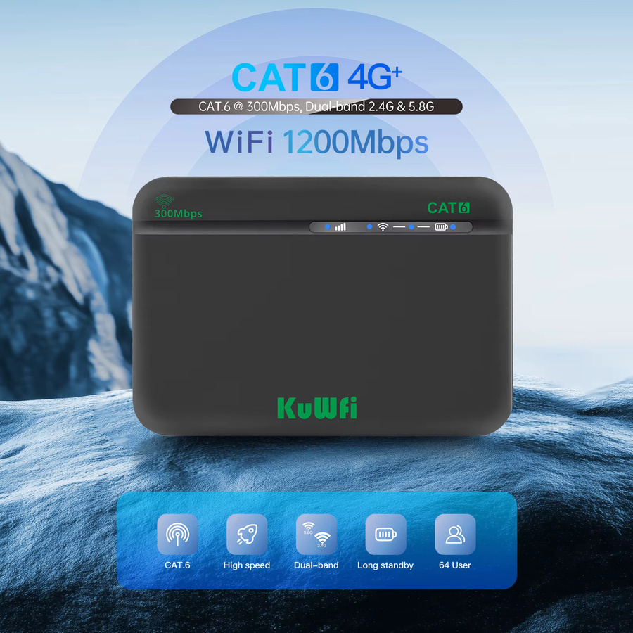 KuWFi CAT6 4G+ Mobiler Router mit 2,4G und 5G Dualband WiFi, Tragbares Reise-Modem mit 2200mAh Akku und Micro SIM-Steckplatz, Schwarz - Bild 2