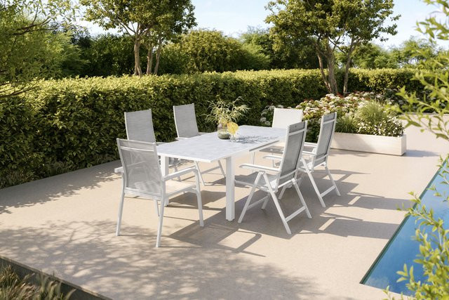 Kettler Garten-Essgruppe aus Aluminium, Outdoorgewebe und Glas in Weiß Matt/Hellgrau, ausziehbarer rechteckiger Tisch und 6 Stühle für Terrasse und Garten - Bild 1