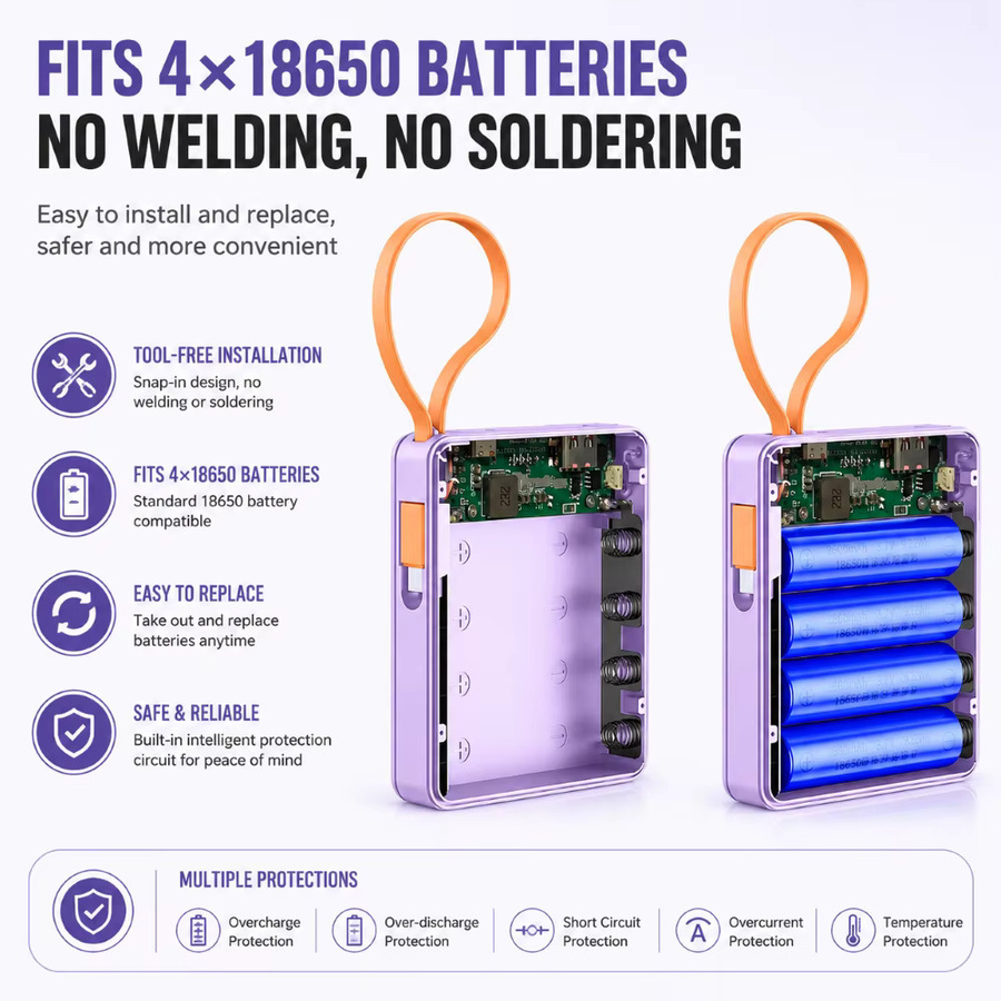 FUNNYSHIELD Powerbank-Gehäuse für 4x 18650 Batterien mit 22,5W Typ-C Schnellladung in Lila - Bild 2