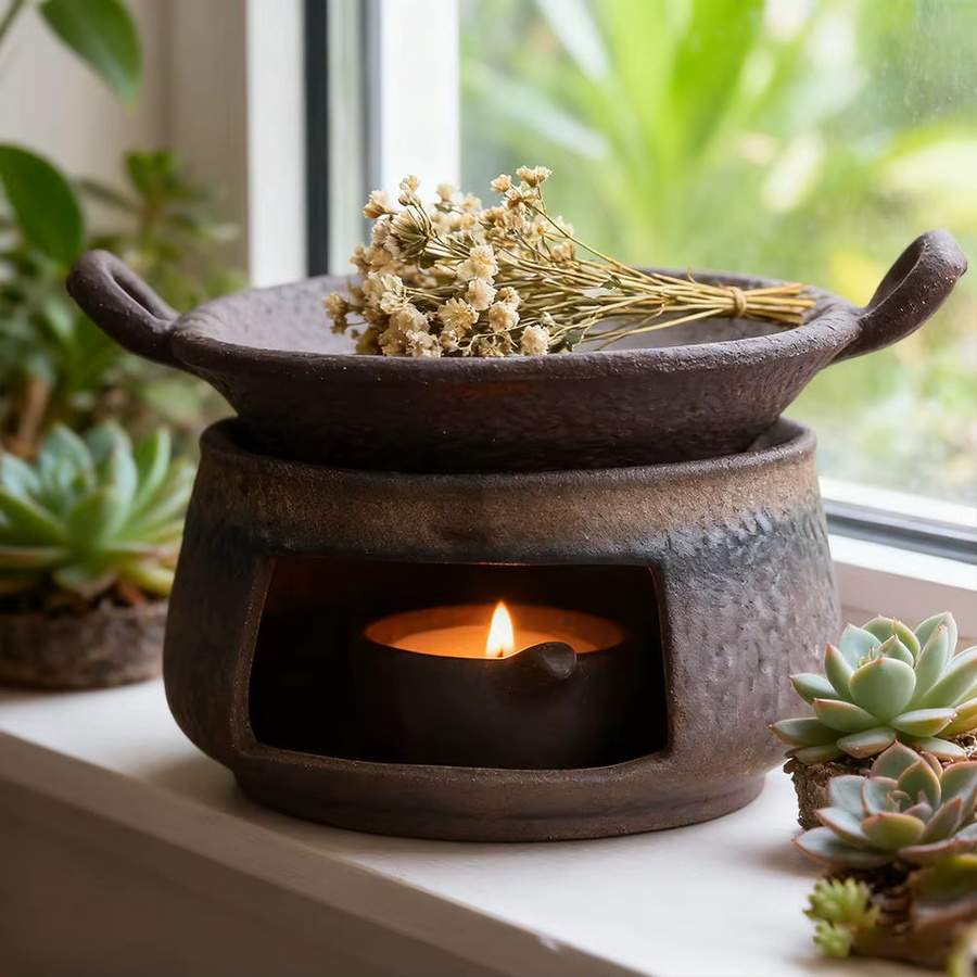 KITPIPI Keramik-Kräuterbrenner in Braun, runder Aromatherapie-Herd für Sandelholz, Tee und ätherische Öle mit Tealight-Halterung im orientalischen Design - Bild 3