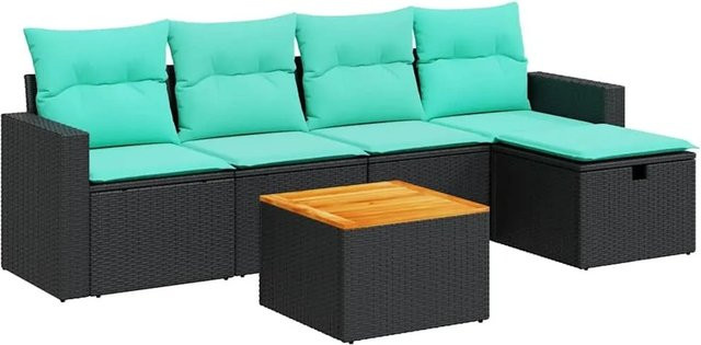 vidaXL 6-teilige Garten-Sofagarnitur in L-Form mit Kissen und Polyrattan in Schwarz - Bild 1