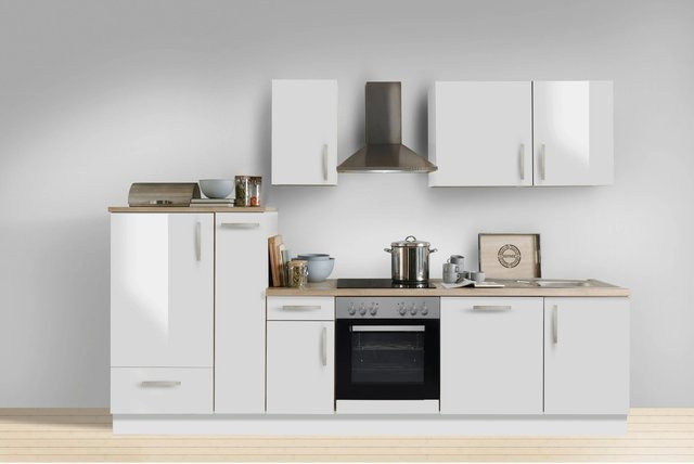 Menke Küchenzeile White Premium in Weiss Hochglanz mit Asteiche Nachbildung, B/H/T: 300 x 224 x 60 cm - Bild 1
