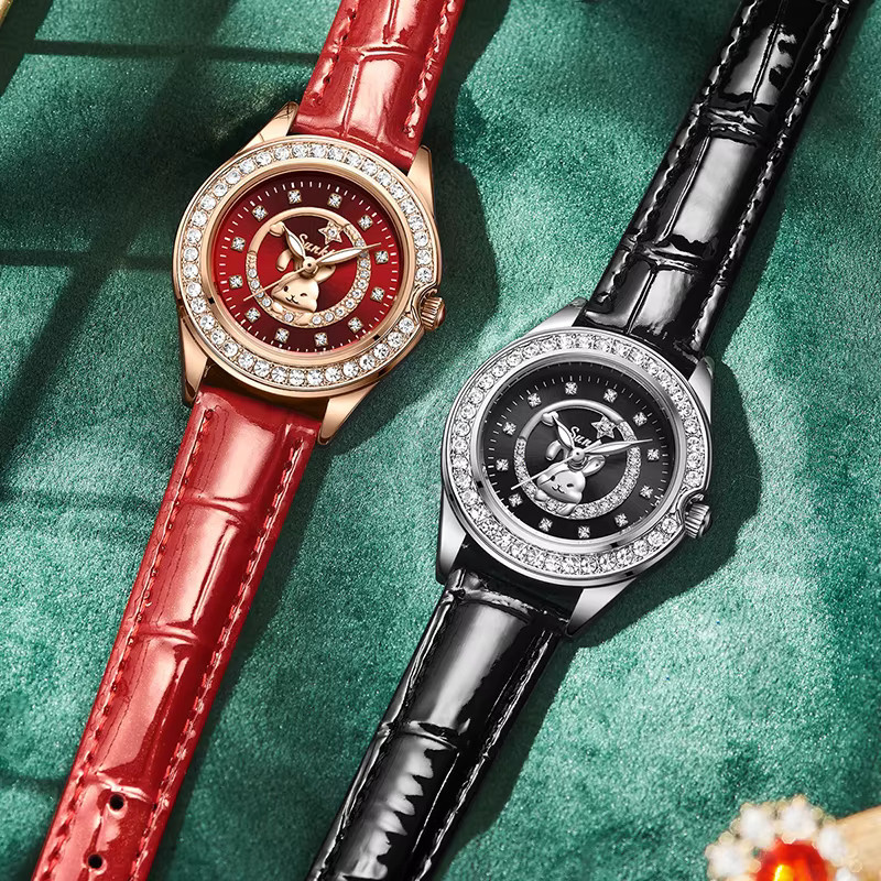 SUNKTA Armbanduhr Quarz, Leder, Rot, Diamantbesetzt, Damen - Bild 2