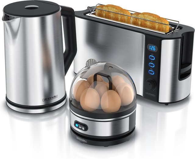 Arendo Frühstücks-Set in Silber mit 1,5 l Wasserkocher, 2-Scheiben Langschlitz Toaster und 7er Eierkocher aus Edelstahl - Bild 1