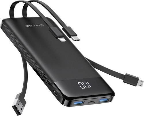 Charmast Powerbank W1148 Ultraslim mit 10000mAh Kapazität in Schwarz, Universal kompatibel mit USB-C, USB-A, Lightning und Micro-USB - Bild 1