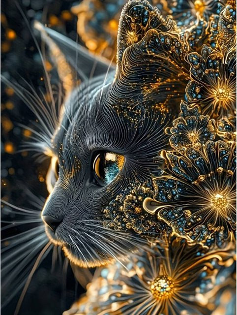YUTTEE DIY Diamantmalerei Schwarze Katze mit Blumen als Wanddekoration, Schwarz und Mehrfarbig, B: 30,0 cm, H: 20,0 cm - Bild 1
