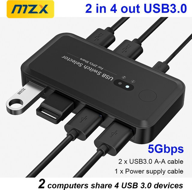 MZX USB 3.0 KVM-Umschalter Selektor Hub Dockingstation in Schwarz für 2 Laptops und PCs zum Teilen von Tastatur, Maus, USB-Geräten und Druckern - Bild 1
