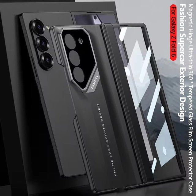 Luxuriöse matte Handyhülle mit magnetischem Scharnier und Vollbild-Hartglasfolie für Samsung Galaxy Z Fold 7, 6 und 5 in Schwarz oder Grün - Bild 1