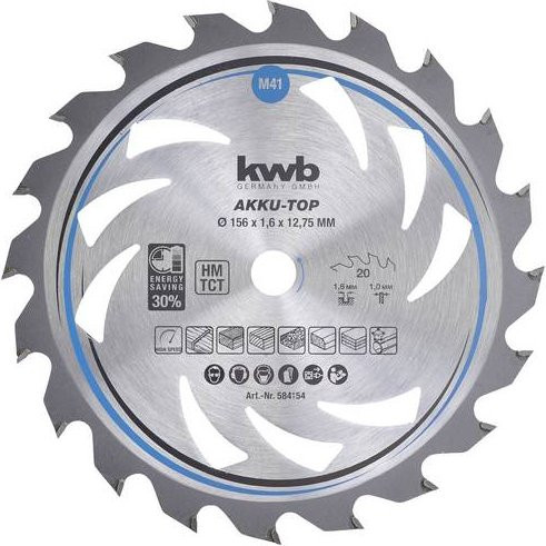 Kwb Hartmetall Kreissägeblatt für Holz und Kunststoff, Farbe: Silber, Durchmesser: 156 mm, Bohrung: 12,75 mm, Dicke: 1,0 mm, 20 Zähne - Bild 1