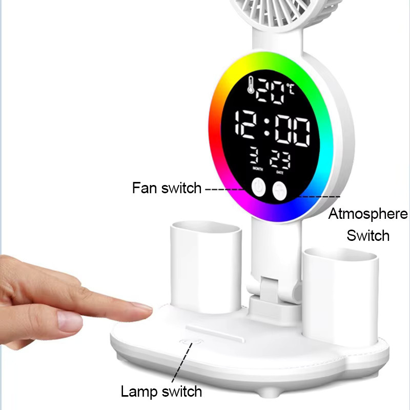 Feimefeiyou Wiederaufladbare LED-Tischlampe mit Ventilator, LED-Uhr und Display in Weiß - Bild 2