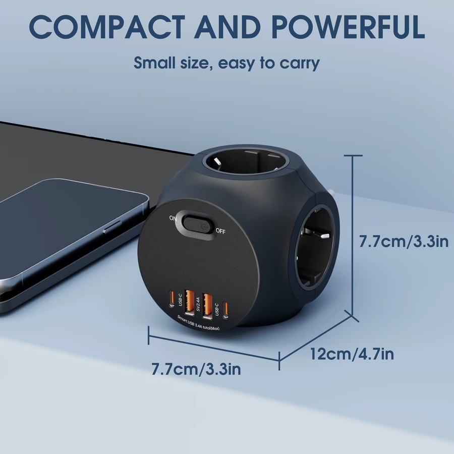 Multifunktions-Steckdosenleiste zur Wandmontage mit EU-Stecker, 4000 W, Überlastschalter, 2 USB-A und 2 USB-C Anschlüssen, Schwarz - Bild 5