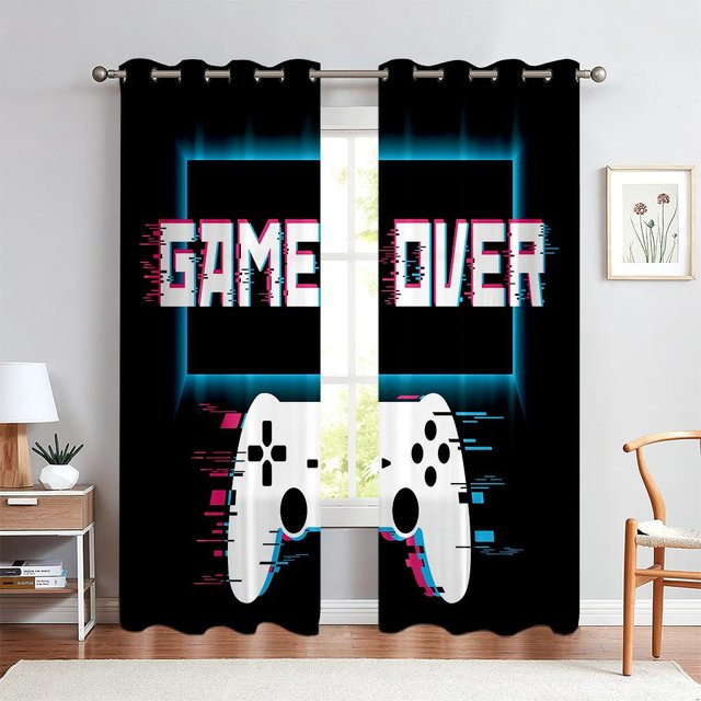 2er-Set dekorative Vorhänge mit Game-Controller-Muster in Schwarz, semi-transparent für E-Sports-Zimmer und Wohnzimmer, B: 50 cm, H: 140 cm - Bild 1