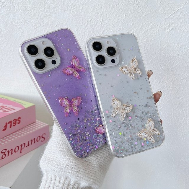 Golden Butterfly Glitzerhülle für iPhone 13, 14, 15 sowie iPhone 16 Pro und Pro Max in Gold mit Sternenhimmel-Glitzer und Muschelmuster sowie stoßfester Abdeckung - Bild 1