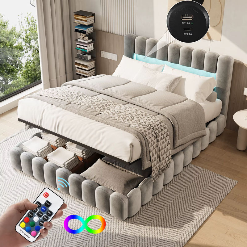 Rosahqnda Hydraulisches Doppelbett aus Samt mit LED-Beleuchtung und USB-Anschluss, Gepolstertes Bett mit Stauraum in Grau, B/T: 180 x 200 cm - Bild 2