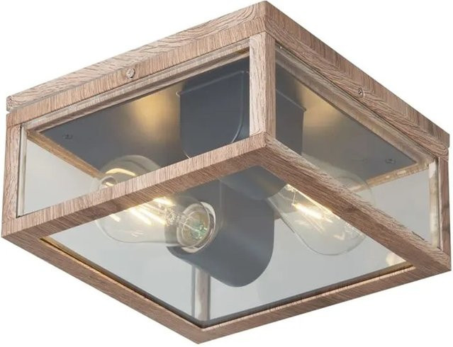 QAZQA Industrielle Deckenleuchte Charlois in Holzoptik mit 2 Flammen, IP44 wetterfest für Badezimmer und Terrasse - Bild 1