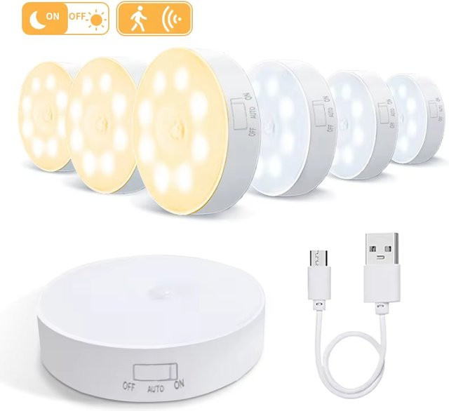 XIWANGFIRE LED Nachtlicht mit Bewegungssensor, USB aufladbare Sensorleuchte in Weiß für Schlafzimmer, Treppen, Flur und Schrank, warmweißes Licht - Bild 1