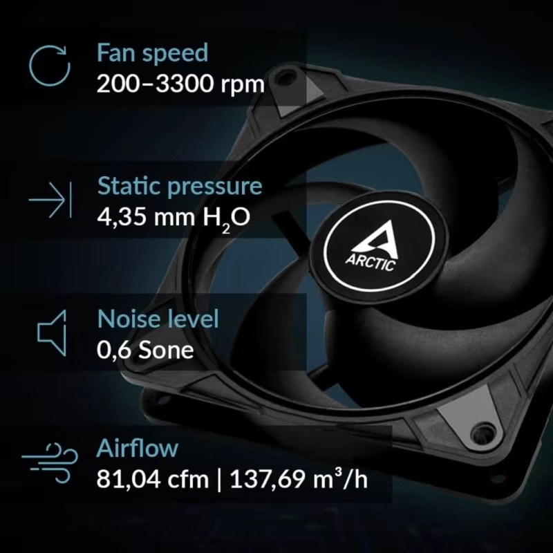 Arctic P12 Max Gehäuselüfter, 120 mm, PWM, 200–3300 U/min, Schwarz - Bild 2