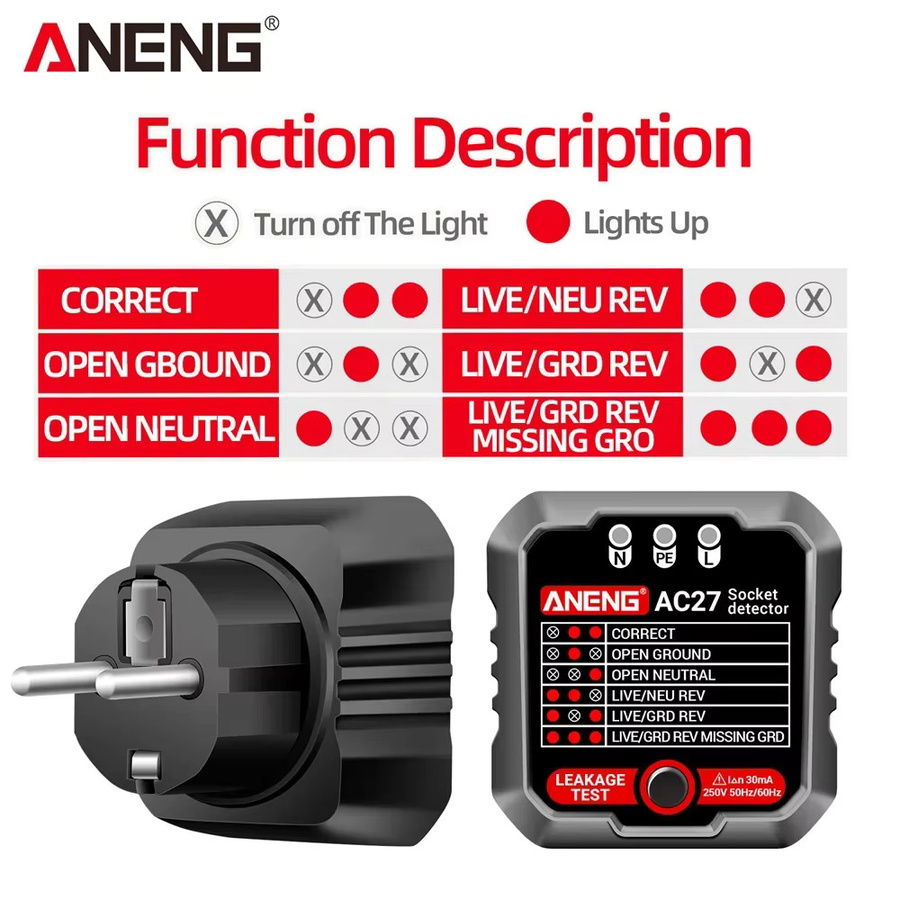 ANENG AC27 Steckdose Tester in Weiß zur Prüfung von Spannung, Nullleitung und Polarität - Bild 3
