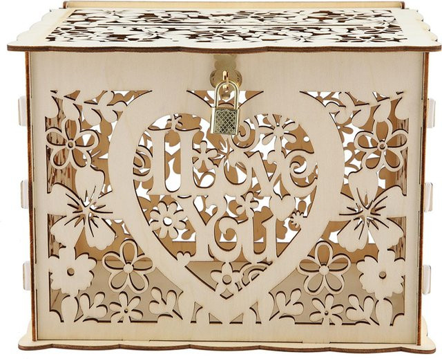 mfySpace Hochzeitskarten-Box aus Holz mit Schlüsseln in Beige, DIY Geldgeschenkbox für Hochzeiten und Geburtstage, B/T/H: 25,0 x 25,0 x 20,0 cm - Bild 1