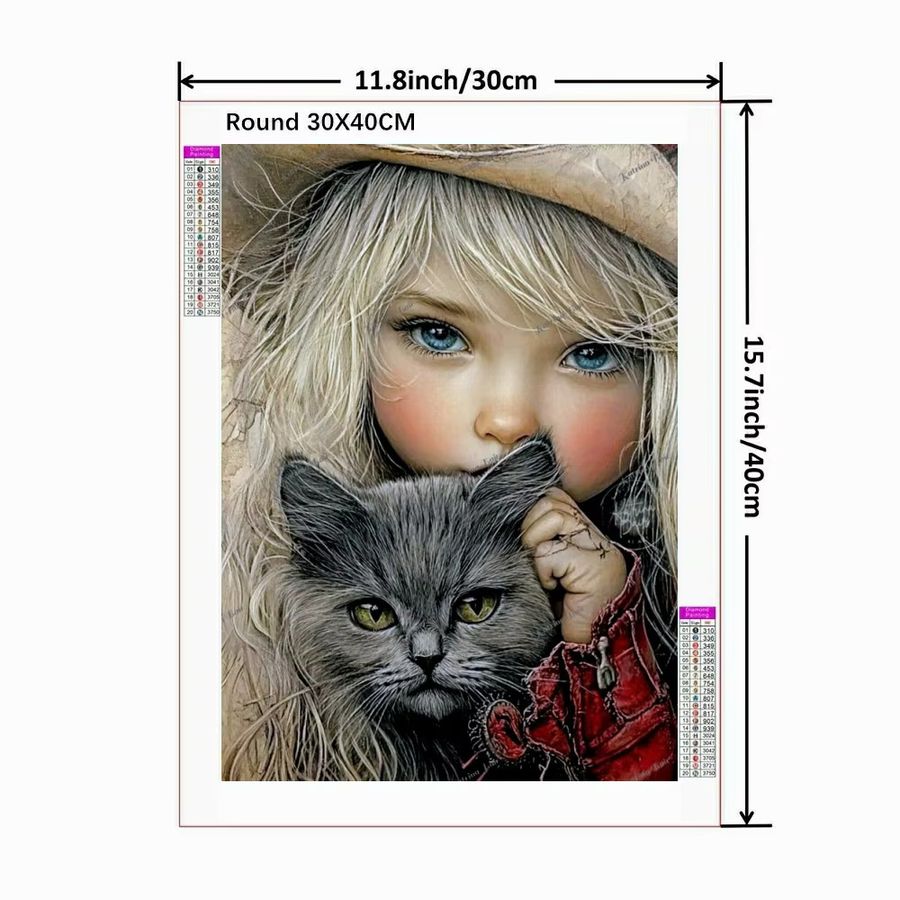 Diamant-Gemälde DIY Set mit Cartoon-Mädchen, Katze und Vogel als Mosaik-Kunstwerk für deine Heimdekoration von Potdemiel - Bild 2