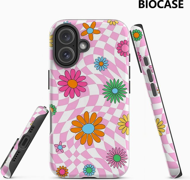 Handyhülle mit rosa Blumen und Schachbrettmuster für Apple iPhone 17 16 15 14 13 Pro Max Plus mit doppelschichtiger Rückseite - Bild 1